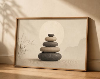 Op de afbeelding: Een ingelijste horizontale kunstprint met een stapel van vijf gladde, ronde stenen in verschillende grijze en beige tinten. De stenen zijn gecentreerd boven een cirkelvormig zandpatroon, met een bleke zon en vage planten op de achtergrond.