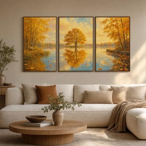 May include: A triptych wall art set featuring an oil painting of an autumn landscape with golden yellow trees, a calm lake, and a clear reflection on the water surface. The scene depicts a serene forest edge with a bench and fallen leaves.
