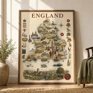 May include: A vintage-style illustrated map of England featuring the word ENGLAND at the top. The map displays various landmarks, wildlife, and cultural icons across the country, including London, Stonehenge, and regional flora and fauna.