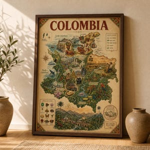 May include: A framed vintage map of Colombia, showcasing detailed illustrations of the country's regions, landmarks, and cultural elements. The word "COLOMBIA" is displayed at the top. The map is in a dark wooden frame.