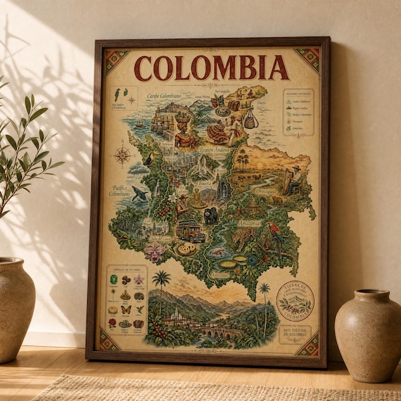 Colombia Map Wall Art, Vintage Cultural Poster, Colombian Travel