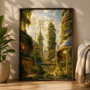 May include: A framed wall art print depicting a futuristic city with tall, cylindrical buildings covered in lush green vegetation. The scene features wind turbines, solar panels, and arched walkways, all bathed in the warm, golden light of a sunset.