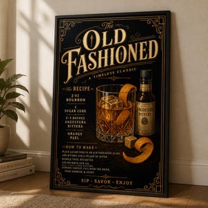 May include: A framed black poster featuring gold text titled The Old Fashioned. It displays a cocktail recipe with 2 oz bourbon, 1 sugar cube, 2-3 dashes Angostura bitters, and orange peel, alongside an illustration of a glass and a bitters bottle.