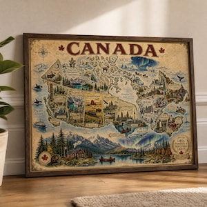 Op de afbeelding: Een ingelijste vintage kaart van Canada, met gedetailleerde illustraties van provincies en bezienswaardigheden. Het woord "CANADA" staat prominent bovenaan. De kaart zit in een houten lijst, met een warm, verouderd kleurenpalet.