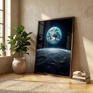 Earth Moon Art Wall Decor Space Bedroom Celestial Canvas Print Poster Earth Rise Lunar Landscape Framed Planet Astronomy Cosmos Decoration