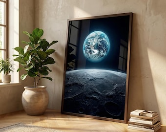 Può includere: Una stampa incorniciata raffigurante la Terra sopra la superficie lunare. La Terra è una sfera blu e bianca vibrante su uno sfondo scuro. La superficie lunare è grigia e craterizzata. La cornice è marrone scuro. La stampa è appoggiata a un muro.