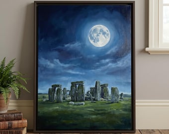 ストーンヘンジの月の壁画、神秘的な古代遺跡の絵画、スピリチュアルな異教徒の装飾、イングランド上空の大きな満月のキャンバス、冬至の旅行者へのギフト