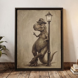 May include: Framed sepia-toned artwork featuring a Tyrannosaurus Rex wearing a fedora and smoking a cigarette, leaning against a vintage street lamp. The dinosaur is depicted in a relaxed pose, adding a touch of humor to the scene.