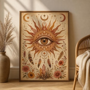 May include: A rectangular wall art print featuring a central eye surrounded by a sunburst pattern in shades of gold, brown, and cream. The design includes hanging feathers, a dreamcatcher, crystals, and floral motifs arranged at the bottom.
