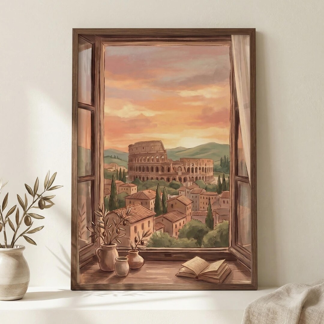 Window View Poster Rome Italy Rome Colosseum Wall Decor Mediterranean Style European Cityscape ...