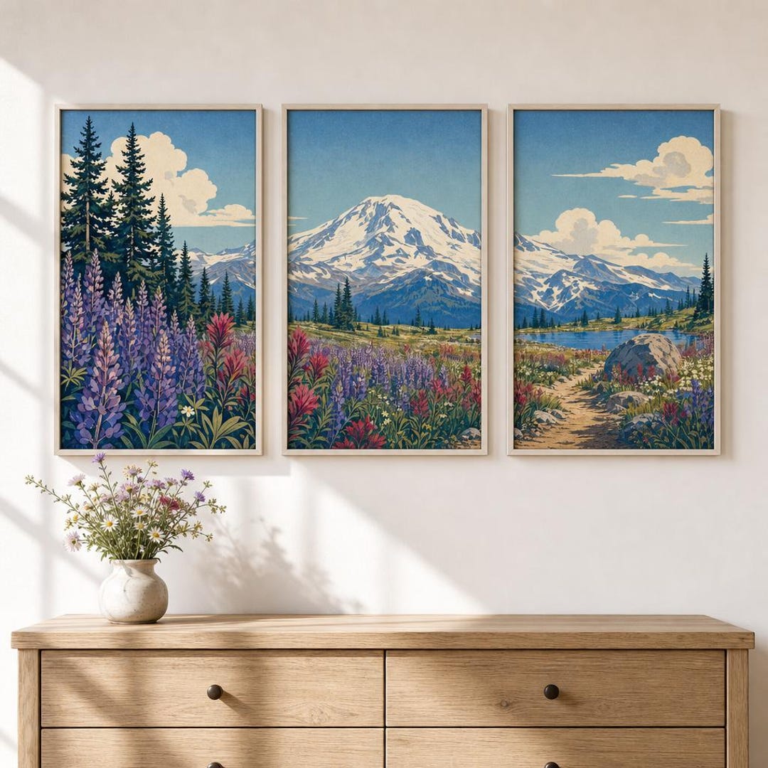 Mount Rainer Poster Triptychon vom Mount Rainier, Vintage-Nationalpark-Poster, Druck einer ...