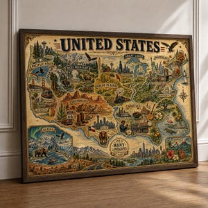 Peut inclure: Une carte encadrée de style vintage des États-Unis, avec des illustrations de monuments et de caractéristiques géographiques. La carte comprend le texte "UNITED STATES" en haut et met en évidence des régions comme la côte du Pacifique, les montagnes Rocheuses et l'Alaska.