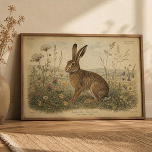 Puede incluir: Una impresión rectangular enmarcada que presenta una ilustración de estilo vintage de una liebre marrón sentada en un campo de flores silvestres y hierbas altas. La obra incluye el texto PL. XXVII, Lepus europaeus, The Brown Hare e inscripciones latinas.