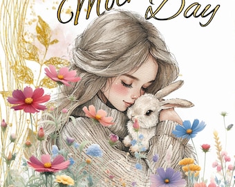 Biglietto stampabile per la Festa della Mamma - Design con coniglietto e fiori, download immediato, biglietto pieghevole 5x7, dolce regalo per la mamma
