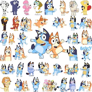 May include: A collage of cartoon dog illustrations in various poses and styles. The dogs are in different colours, including blue, orange, and white, with distinct facial features and expressions. Some dogs are wearing accessories.