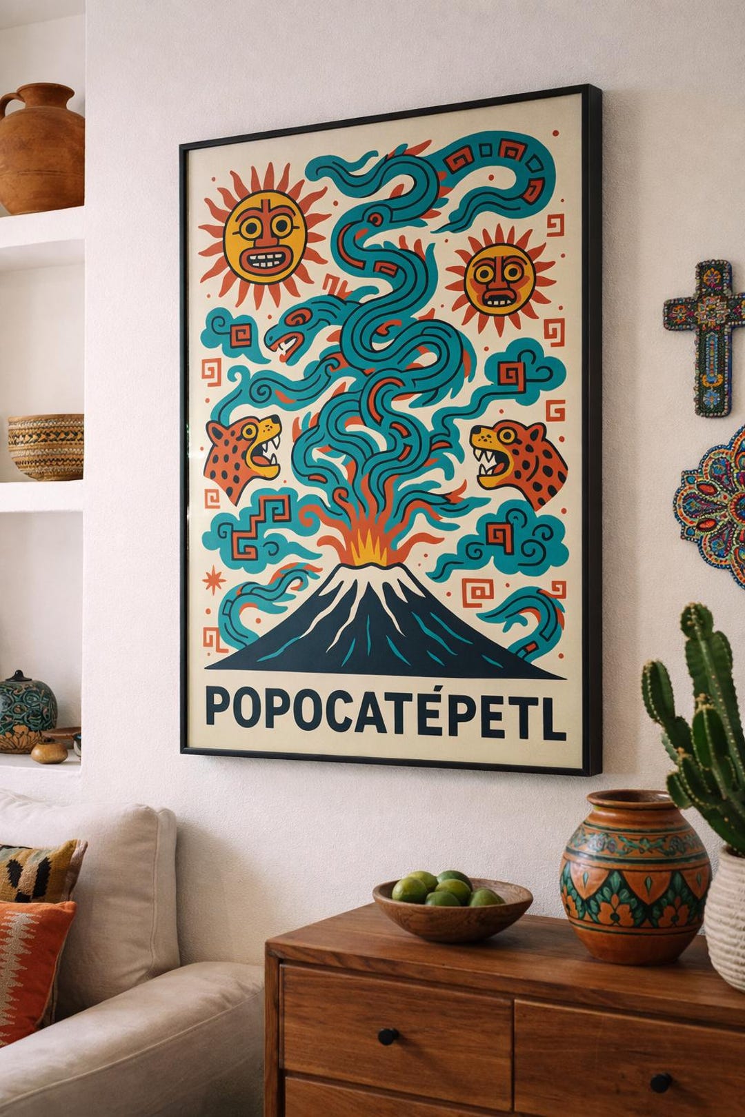 Popocatépetl Aztec Volcano Poster – Serpent, Sun & Jaguar Folk Art ...