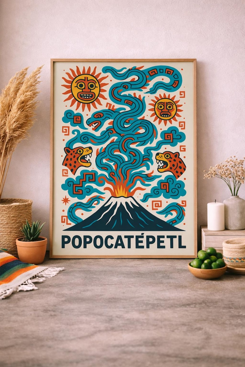 Popocatépetl Aztec Volcano Poster – Serpent, Sun & Jaguar Folk Art ...