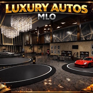 Op de afbeelding: Een interieur van een luxe autodealer met de tekst "LUXURY AUTOS MLO" in goud. Een zilveren auto en een rode sportwagen worden tentoongesteld op zwarte platforms. De showroom heeft kroonluchters en ingelijste kunstwerken.