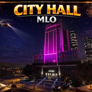 Pode incluir: Uma paisagem urbana noturna com um edifício alto com luzes de néon rosa brilhantes, as palavras "CITY HALL MLO" em letras douradas e um helicóptero com um holofote. Fogos de artifício explodem no céu e pilhas de dinheiro são visíveis.