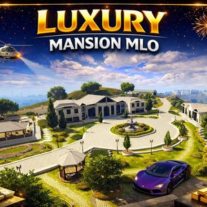 May include: A digital graphic featuring a large mansion with a fountain, a purple sports car, and a helicopter in the sky. The text LUXURY MANSION MLO is displayed at the top. Stacks of cash and gold bars are visible in the foreground corners.