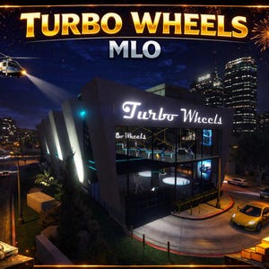 May include: A night scene featuring a building with the text "Turbo Wheels" and "MLO". A helicopter with a spotlight, fireworks, and a yellow sports car are also visible in the image.