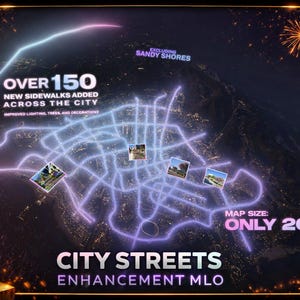 May include: A digital map of a city with glowing purple and blue street lines. The text reads "OVER 150 NEW SIDEWALKS ADDED ACROSS THE CITY" and "CITY STREETS ENHANCEMENT MLO." The map size is "ONLY 20 MB."