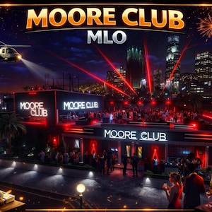 Puede incluir: Una escena nocturna iluminada del Moore Club con el texto "MOORE CLUB MLO" en la parte superior. Un helicóptero vuela sobre el club y rayos láser rojos salen del edificio. La gente se reúne fuera del club.