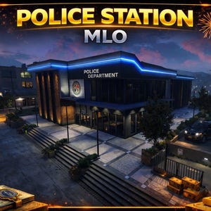 May include: A digital illustration of a modern police station at night. The building has a blue neon trim and the words "POLICE STATION" and "POLICE DEPARTMENT" are visible. Fireworks and stacks of money are in the foreground.