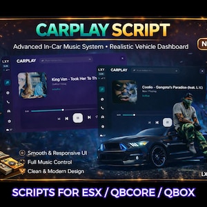 Op de afbeelding: Een digitale interface genaamd CARPLAY SCRIPT met een geavanceerd in-car muzieksysteem en een realistisch voertuigdashboard. De UI toont muziekbediening en trackinformatie voor de ESX, QBCORE en QBOX frameworks met een modern ontwerp.