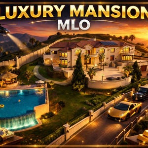 May include: An illustrated image of a luxury mansion with a helicopter, cars, and a swimming pool. The text "LUXURY MANSION MLO" is at the top. The scene is set at sunset with a golden glow.