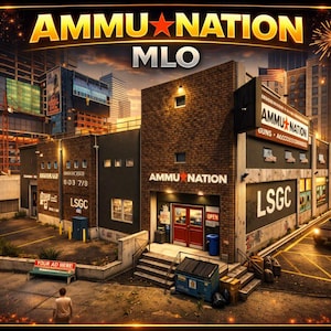 May include: An exterior shot of a building with the text "AMMU★NATION MLO" above the entrance. The building has a brick facade and a sign that says "GUNS • ACCESSORIES". A black SUV is parked nearby.