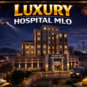 May include: An illuminated image of a modern hospital at night, with the text "LUXURY HOSPITAL MLO" at the top. A helicopter flies overhead, and luxury cars are parked in front. Stacks of cash and gold bars are in the foreground.