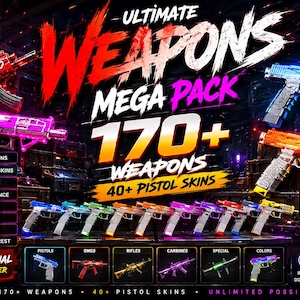 Peut inclure: Un graphique promotionnel numérique pour un Ultimate Weapons Mega Pack comprenant plus de 170 modèles d'armes et 40 skins de pistolets. L'image présente divers modèles d'armes à feu colorés, dont des fusils et des pistolets, avec du texte.
