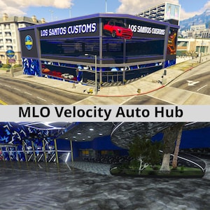 Op de afbeelding: Buiten- en binnenaanzichten van een moderne autowerkplaats. Het gebouw heeft een blauwe en zwarte gevel met de tekst "LOS SANTOS CUSTOMS". Een rode vrachtwagen wordt boven de ingang getoond. De tekst "MLO Velocity Auto Hub" staat onderaan.
