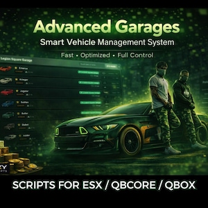 Pode incluir: Uma interface digital intitulada Advanced Garages Smart Vehicle Management System exibindo uma lista de veículos, um carro esportivo verde escuro e duas figuras ao lado. O texto inclui Fast, Optimized, Full Control e LXY SCRIPTS.