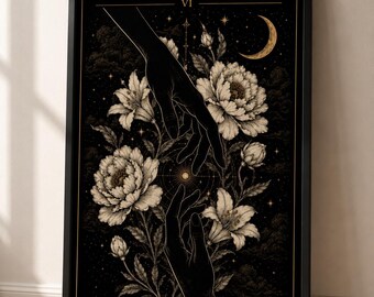 The Lovers Tarot Poster, Tarot Wall Art, Romantic Gothic Decor, Witchy Wall Art, Dark Academia Print, Celestial Poster