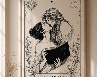 Lámina de la carta del tarot "Los Amantes", arte mural lésbico, decoración WLW, póster de pareja sáfica, arte del tarot LGBTQ, descarga digital romántica