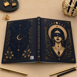 Può includere: Diario aperto con copertina blu scuro con disegni celesti dorati e la scritta "TRUST YOUR INNER VOICE". La pagina di destra mostra un'illustrazione di una donna con una benda sugli occhi, circondata da lune e stelle. Una penna e matite dorate sono sulla superficie.