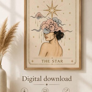 Può includere: Una stampa artistica da parete incorniciata intitolata The Star, che presenta l'illustrazione di profilo di una persona con nuvole stilizzate rosa e blu che coprono gli occhi, sormontata da una grande stella dorata, lune crescenti e stelle su sfondo crema.