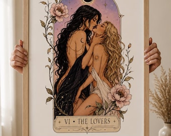 Lámina de tarot de amantes sáficas, arte mural lésbico, descarga digital LGBTQ, decoración para parejas queer, regalo romántico