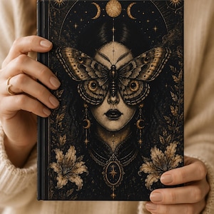 Könnte beinhalten: Ein schwarzes Notizbuch mit einer detaillierten Illustration einer Frau mit einer Mottenmaske. Das Design weist goldene Akzente, Halbmonde, Sterne und florale Elemente auf. Das Notizbuch wird von einer Person gehalten, die einen cremefarbenen Pullover trägt.