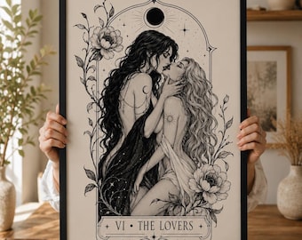 Lámina imprimible de tarot LGBTQ, póster de la carta de Los Amantes, decoración gótica queer, descarga digital celestial femenina oscura