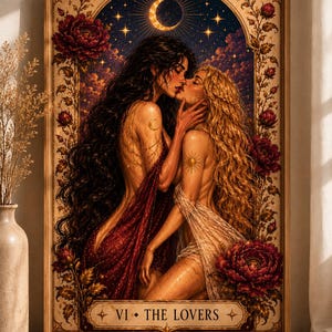 Könnte beinhalten: Gerahmter Druck einer Tarotkarte, die zwei Figuren zeigt, die sich unter einem Sternenhimmel mit einem Halbmond umarmen. Das Kunstwerk ist mit floralen Akzenten und dem Text "VI - THE LOVERS" gerahmt. Die Figuren haben lange Haare und sind in fließende Stoffe gehüllt.