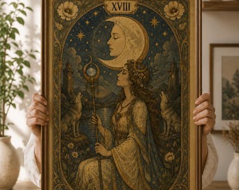 Lámina decorativa de la carta del Tarot de la Luna para imprimir, decoración celestial vintage, póster místico del Tarot, arte mural bohemio y místico, lectura del Tarot.