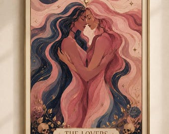 Lámina de arte sáfico, arte del tarot de los amantes, lámina de cartas del tarot, regalo de boda lésbico, regalos para almas gemelas, arte caprichoso, decoración dopaminérgica