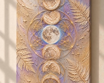 Cuadro decorativo de fases lunares celestiales, decoración de geometría sagrada lunar, lienzo lunar místico, decoración de pared celestial para dormitorio.