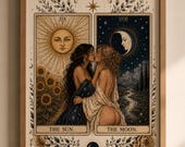 The Sun and Moon Tarot Wall Art Printable, Lesbian Couple Art, Celestial Tarot Poster, Divine Feminine Decor, Mystical Digital Download