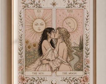 Lesbian Sun and Moon Tarot Print, Sapphic Wall Art, Moon Lovers Poster, Divine Feminine Decor, Witchy Wall Art, Tarot Card Art, LGBTQ Gift