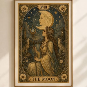 May include: A framed wall art print depicting a tarot card titled THE MOON XVIII. The illustration features a figure holding a staff with a glowing orb, flanked by two wolves under a large crescent moon, set against a dark blue starry sky.