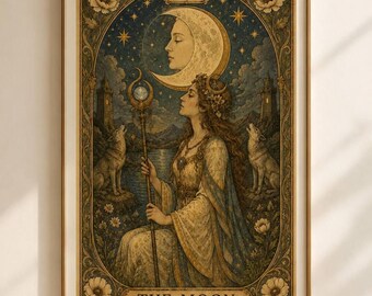 The Moon Tarot Wall Art, Vintage Moon Card Print, Celestial Mystical Decor, Lunar Wall Poster, Witchy Room Decor, Tarot Artwork, Art Nouveau